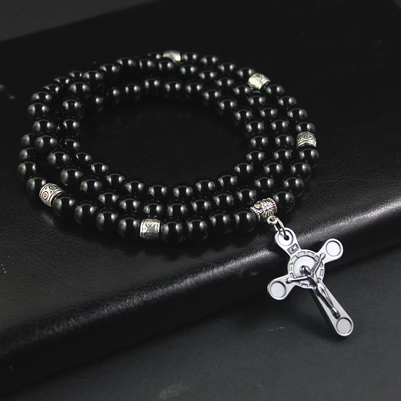 Retro Noble Style Crucifix Black Gallstone Beads Pendant Necklace