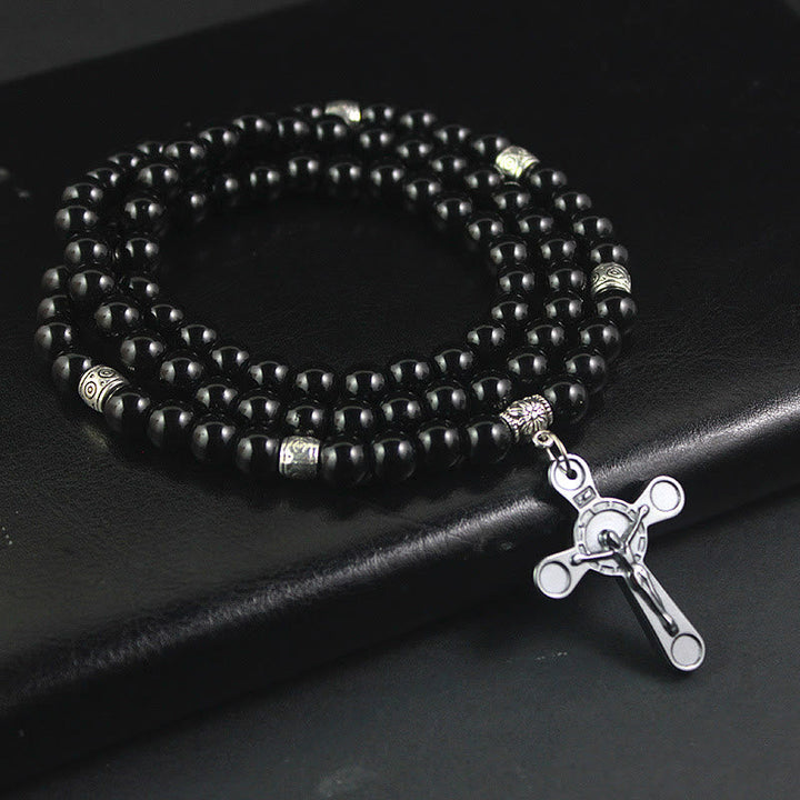Retro Noble Style Crucifix Black Gallstone Beads Pendant Necklace