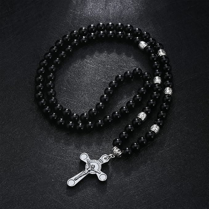 Retro Noble Style Crucifix Black Gallstone Beads Pendant Necklace