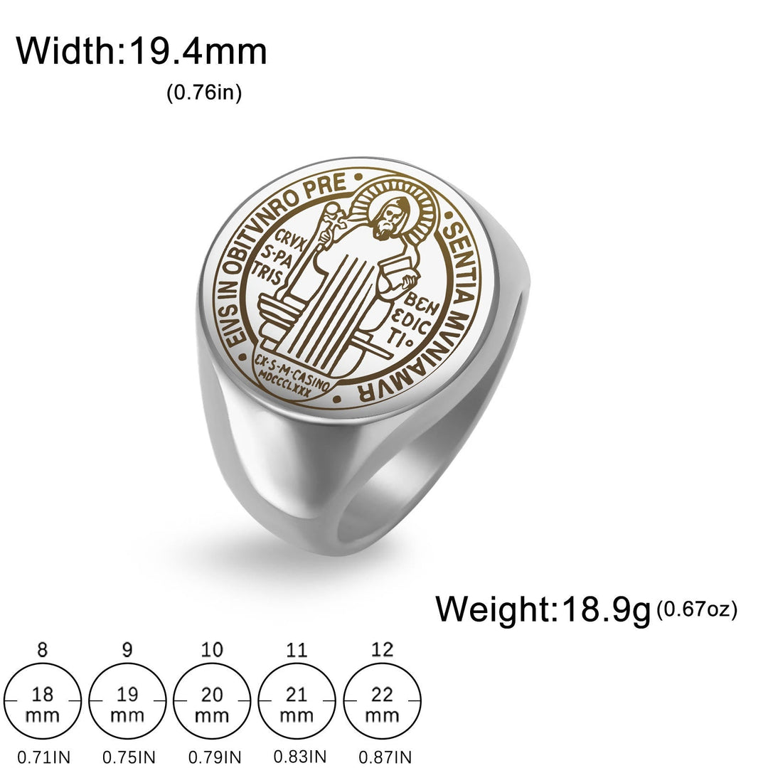 Retro-pop Style Engraved St. Benedict's Exorcism Medal Stainless Ring