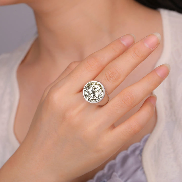 Retro-pop Style Engraved St. Benedict's Exorcism Medal Stainless Ring