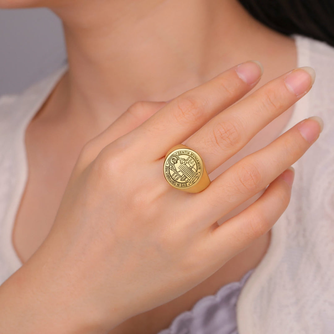 Retro-pop Style Engraved St. Benedict's Exorcism Medal Stainless Ring