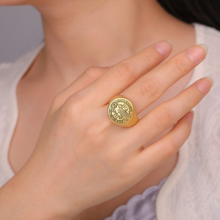 Retro-pop Style Engraved St. Benedict's Exorcism Medal Stainless Ring
