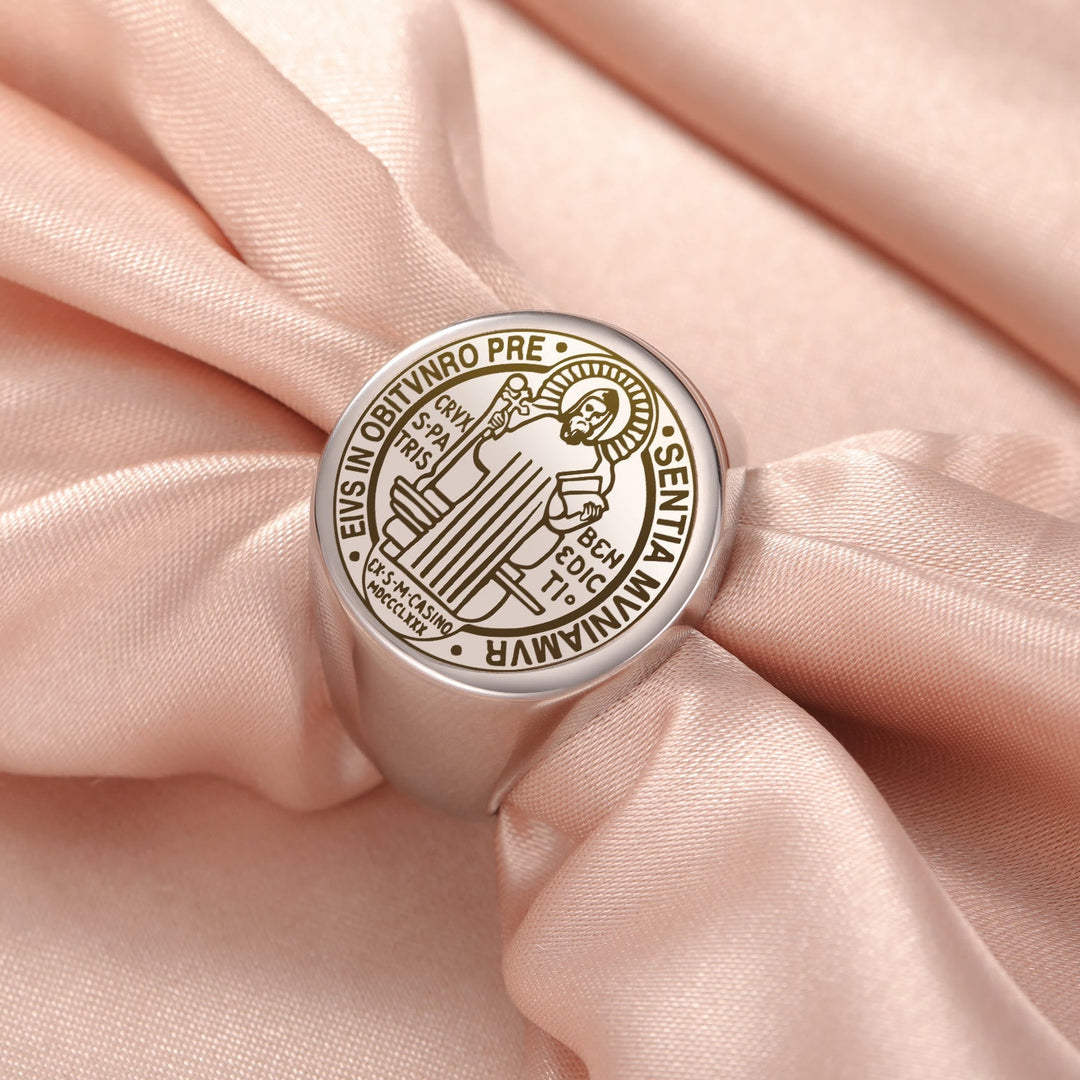 Retro-pop Style Engraved St. Benedict's Exorcism Medal Stainless Ring