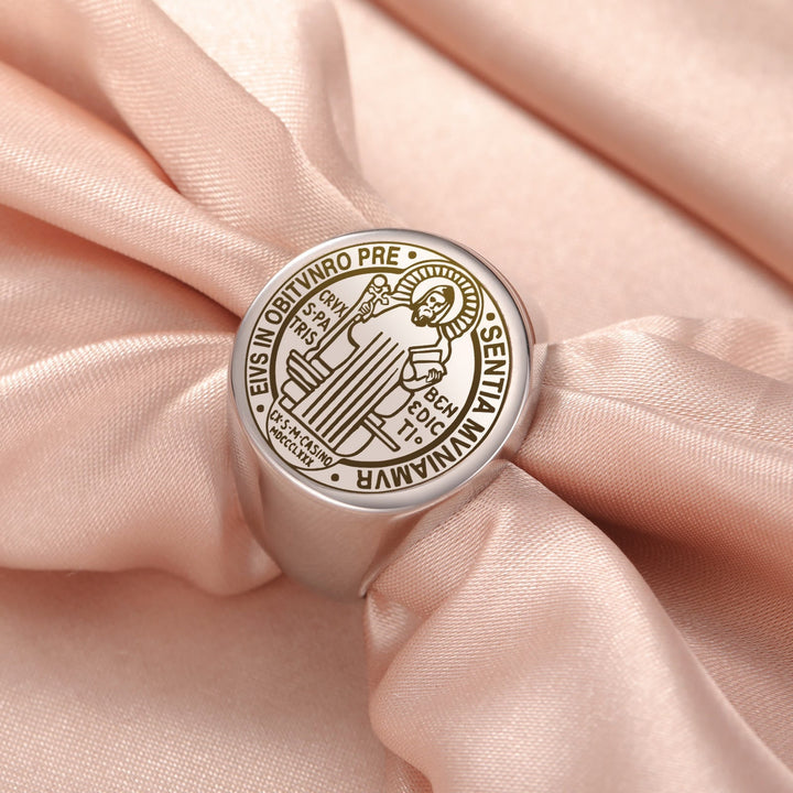 Retro-pop Style Engraved St. Benedict's Exorcism Medal Stainless Ring