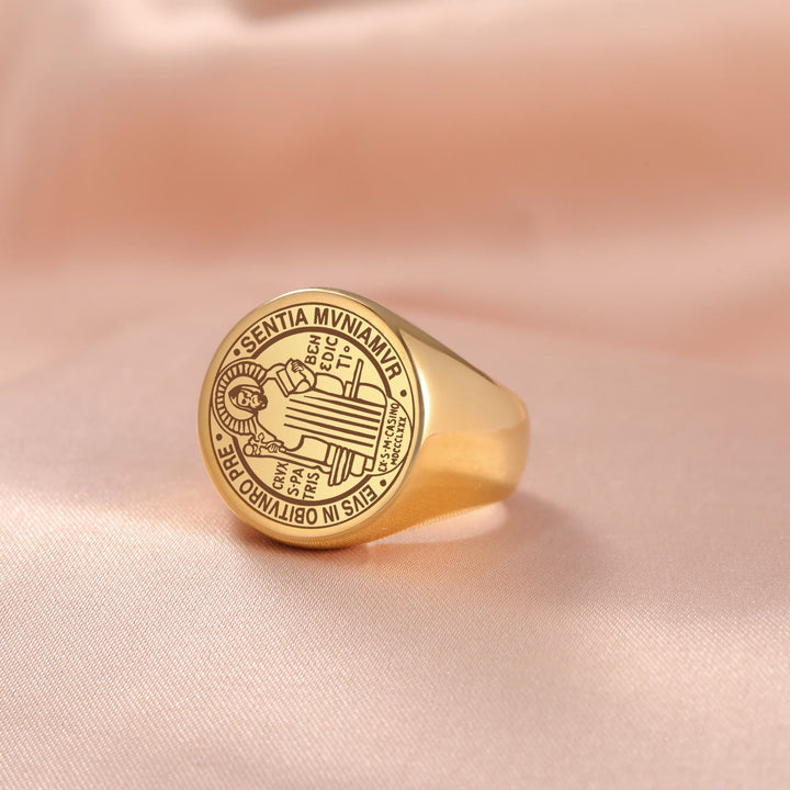 Retro-pop Style Engraved St. Benedict's Exorcism Medal Stainless Ring