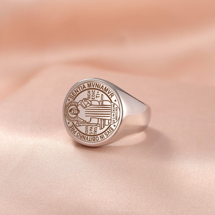 Retro-pop Style Engraved St. Benedict's Exorcism Medal Stainless Ring