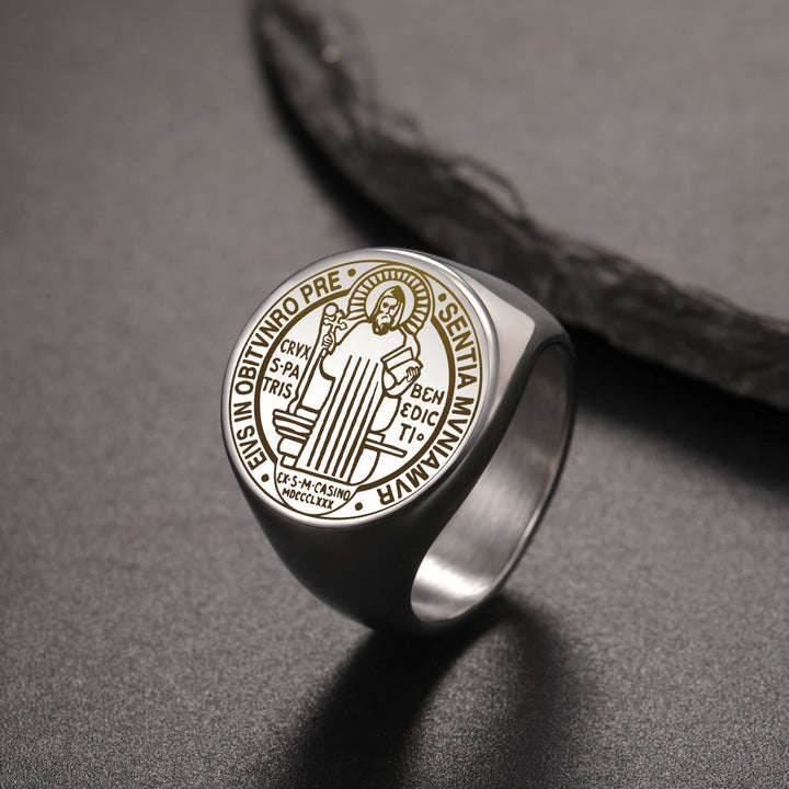 Retro-pop Style Engraved St. Benedict's Exorcism Medal Stainless Ring