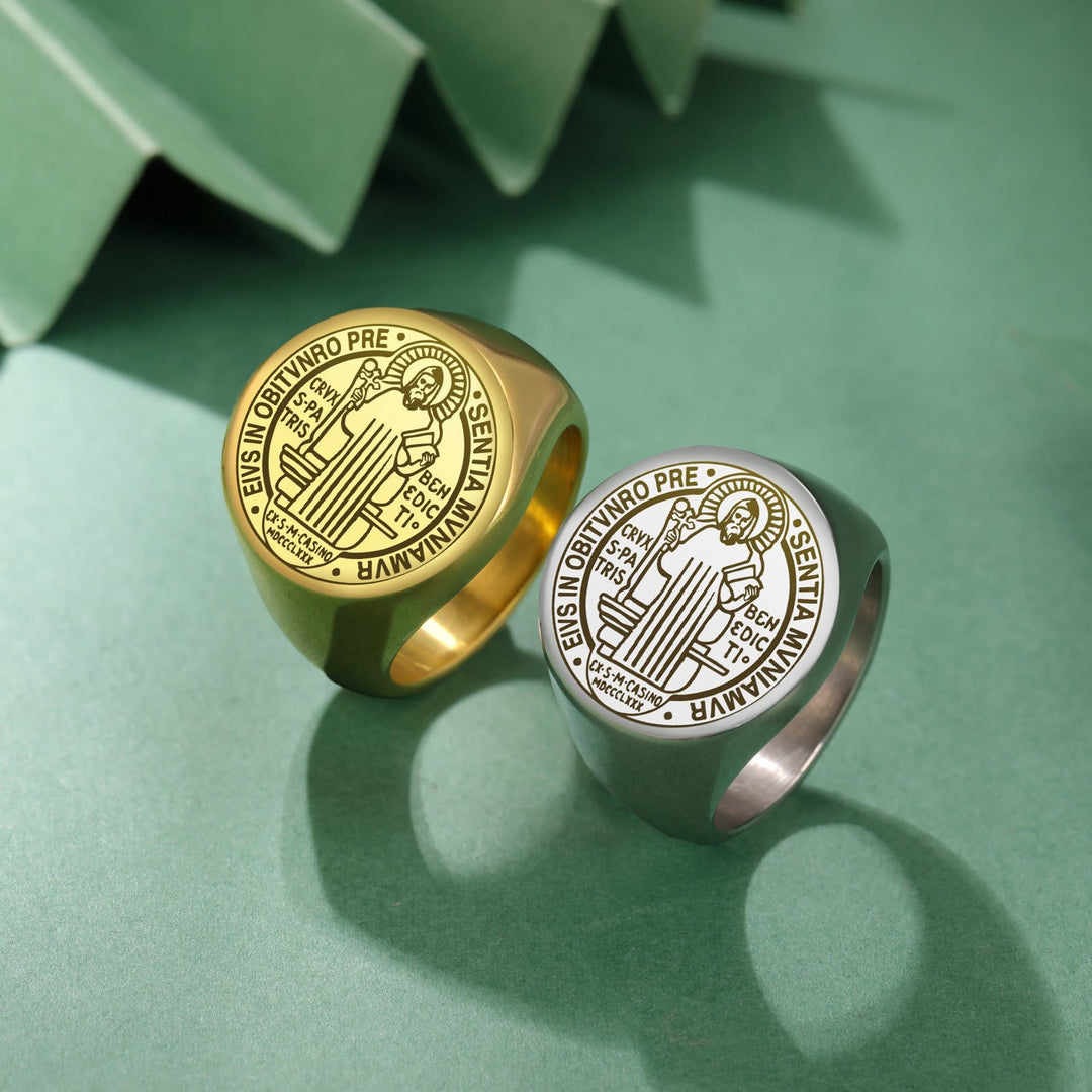 Retro-pop Style Engraved St. Benedict's Exorcism Medal Stainless Ring