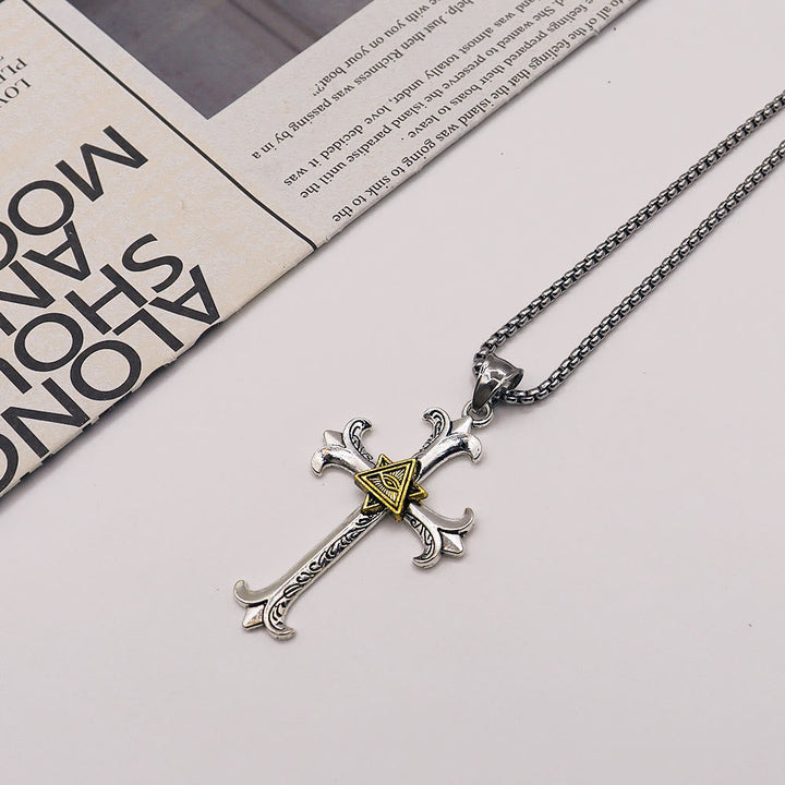 Fashion Sober Style Cross of God's Eye Square Pearl Chain Pendant Necklace