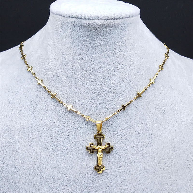 Retro Noble Style Crucifix with Cross Chain Pendant Necklace