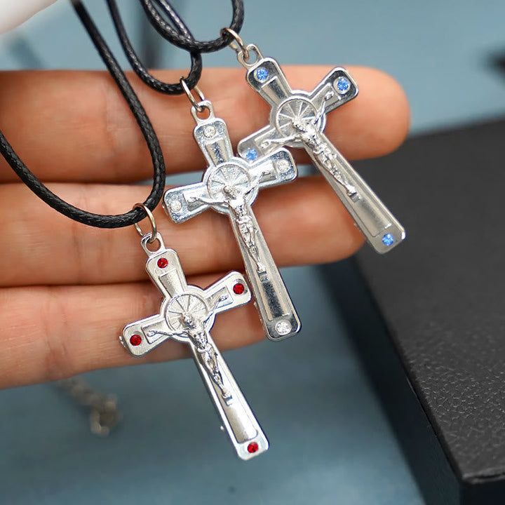 Retro Claasic Style Crucifix with Colorful Gemstone Pendant Necklace