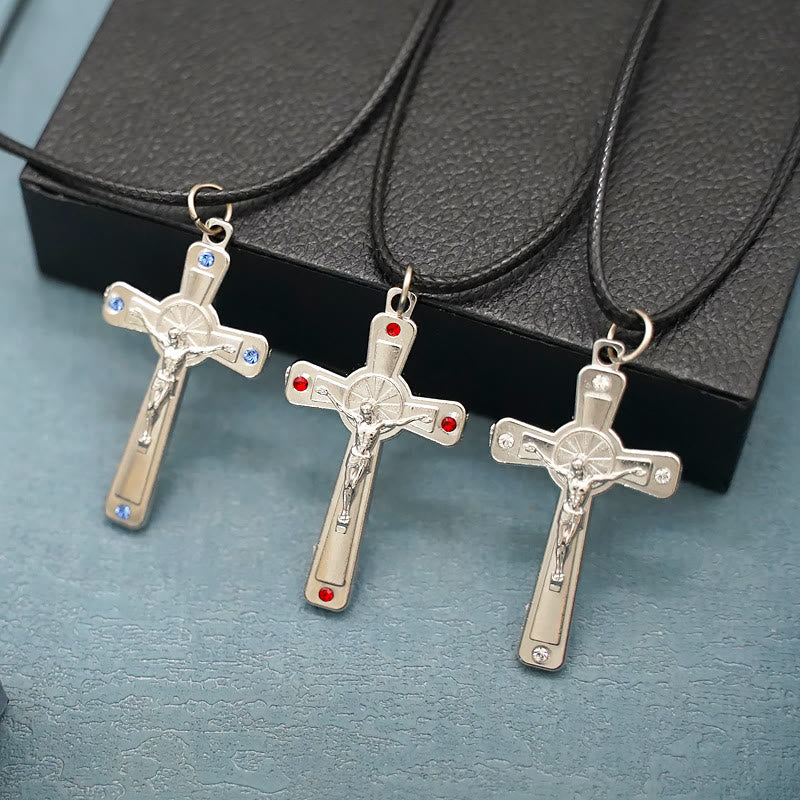 Retro Claasic Style Crucifix with Colorful Gemstone Pendant Necklace