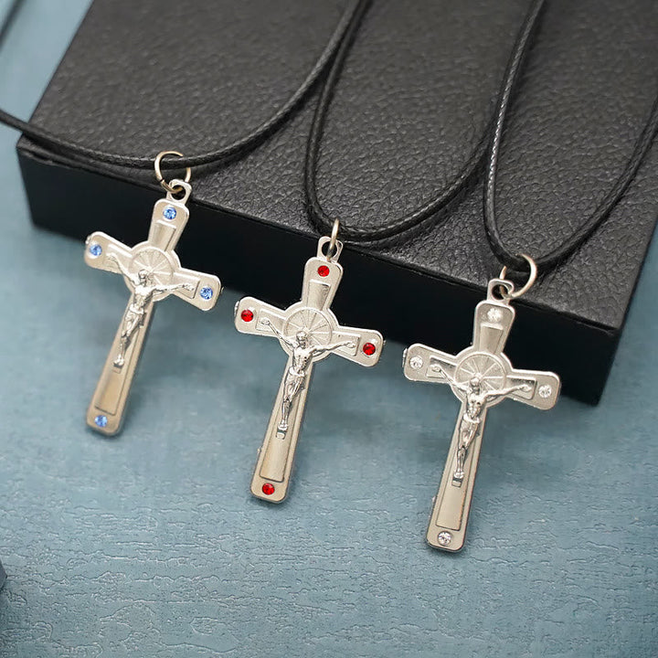 Retro Claasic Style Crucifix with Colorful Gemstone Pendant Necklace