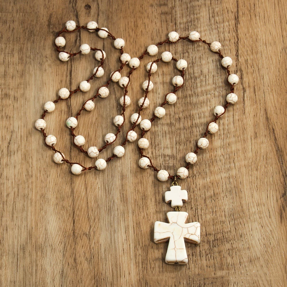 Folk Style Turquoise Braided Cross Pendant Necklace