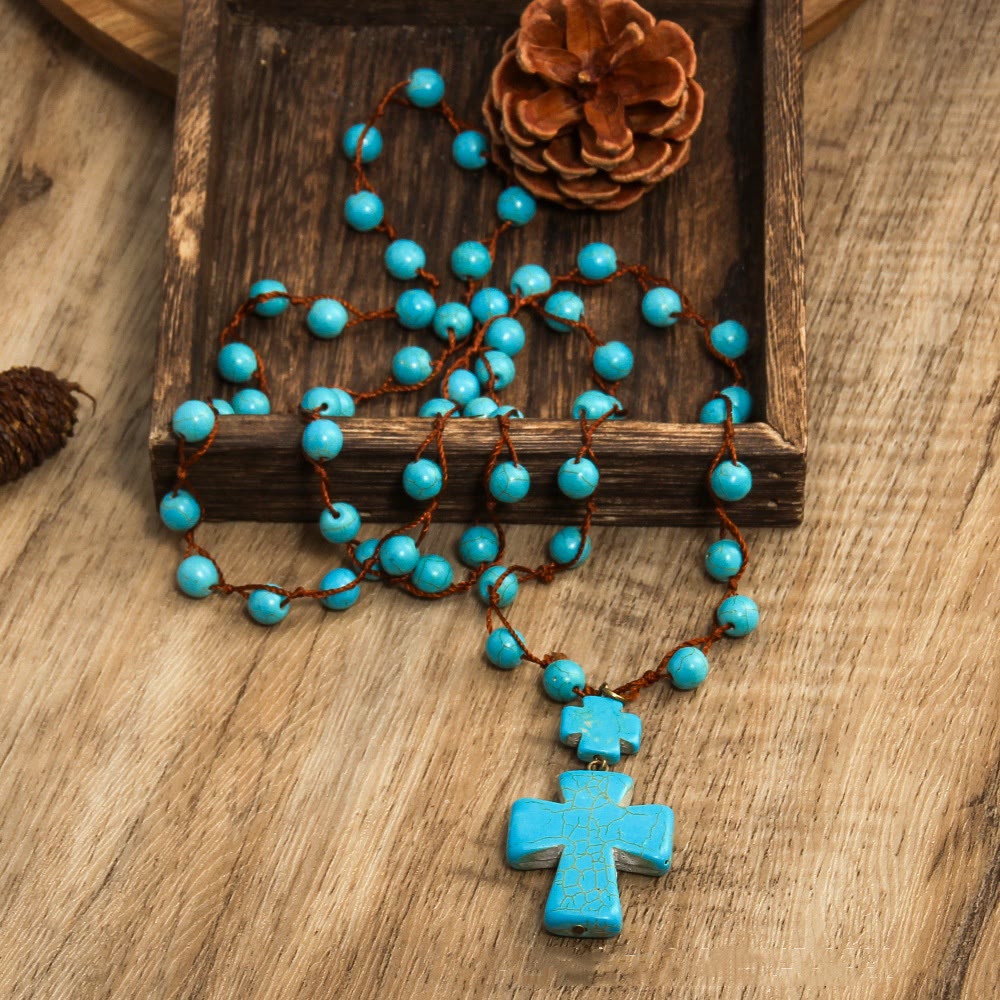 Folk Style Turquoise Braided Cross Pendant Necklace