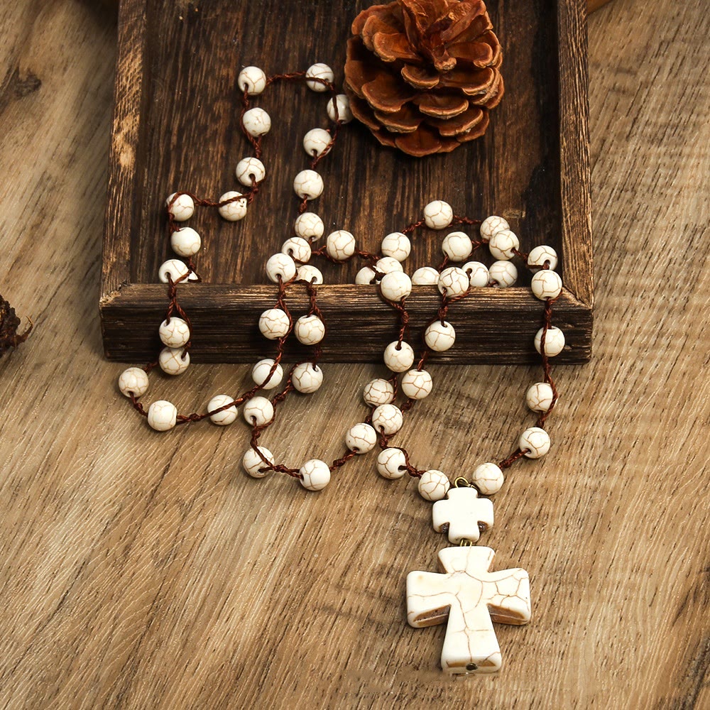 Folk Style Turquoise Braided Cross Pendant Necklace