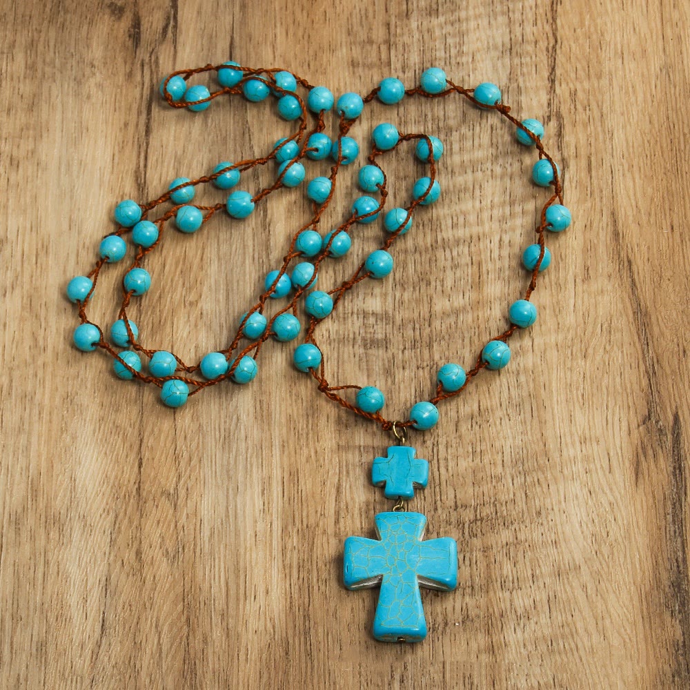 Folk Style Turquoise Braided Cross Pendant Necklace