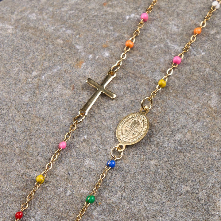 Fresh Elegant Style Colorful Clavicle Chain Necklace with Cross & 5 Medals Options