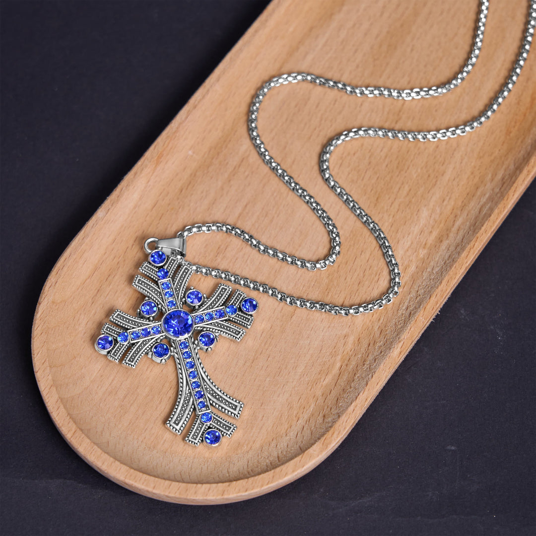 Retro Bohemian Style Blue Gemstones Cross Pendant Necklace
