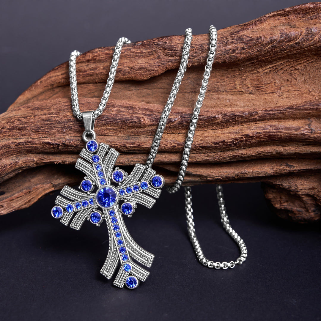 Retro Bohemian Style Blue Gemstones Cross Pendant Necklace