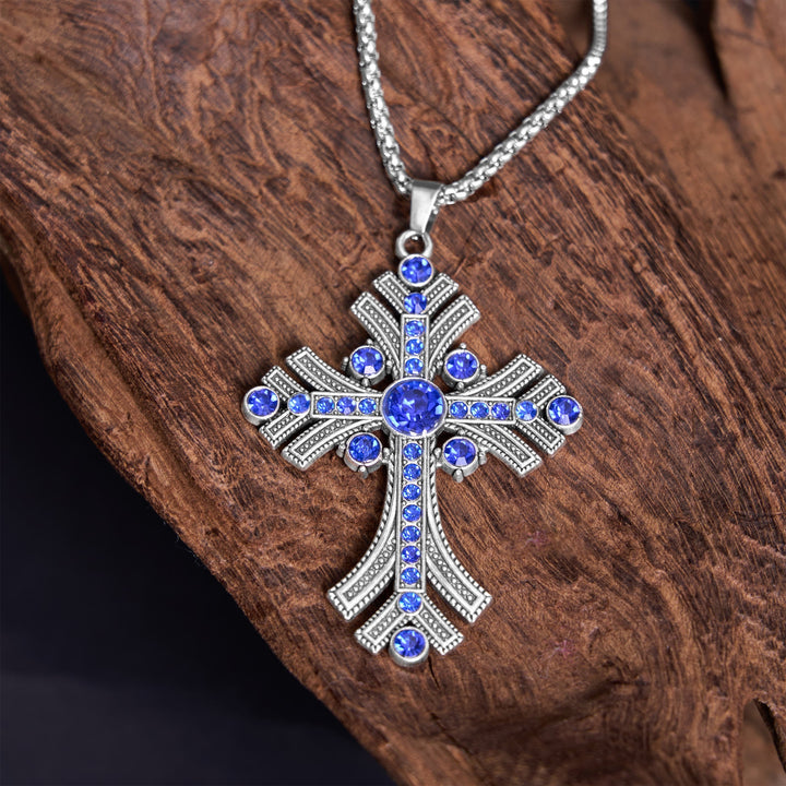 Retro Bohemian Style Blue Gemstones Cross Pendant Necklace
