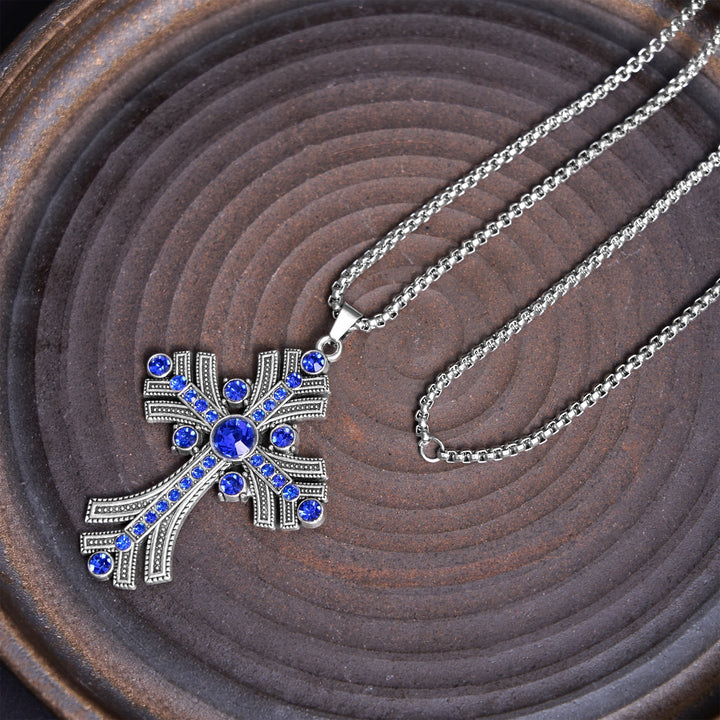 Retro Bohemian Style Blue Gemstones Cross Pendant Necklace