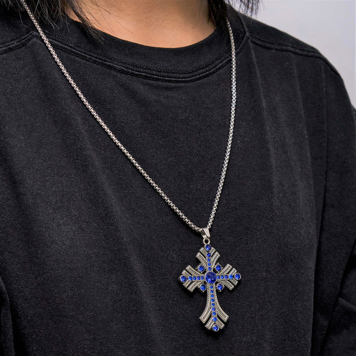 Retro Bohemian Style Blue Gemstones Cross Pendant Necklace