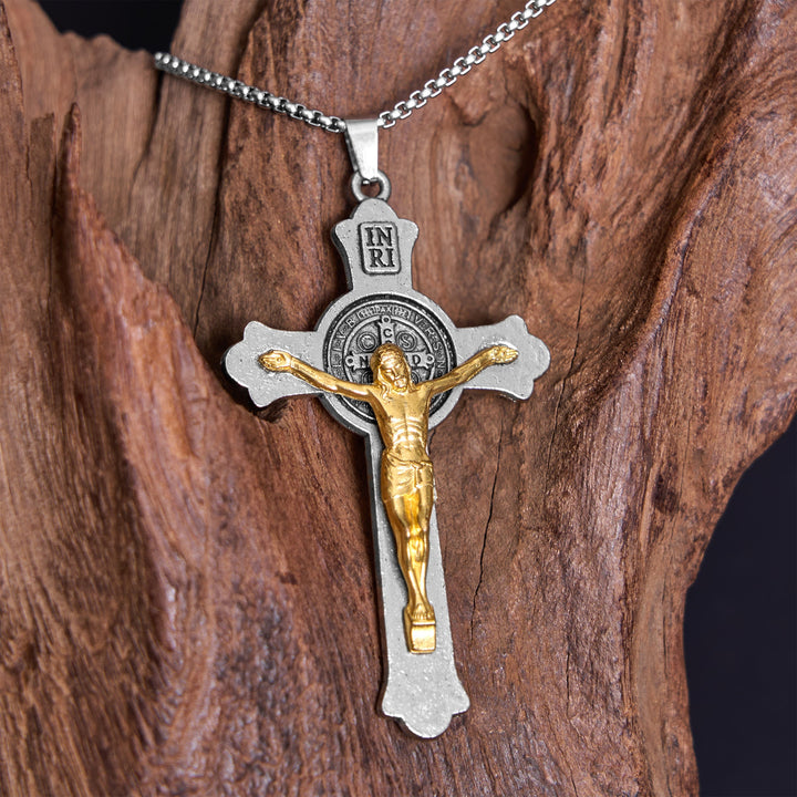 Classic Style St. Benedict Icon Jesus Crucifix Alloy Pendant Necklace