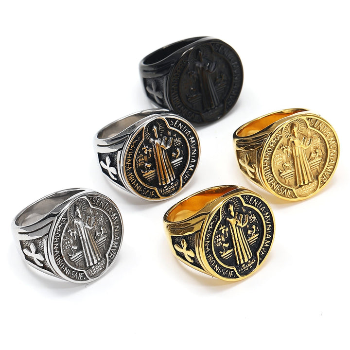 Classic Retro St. Benedict Faith Protection Crafted Titanium Steel Ring