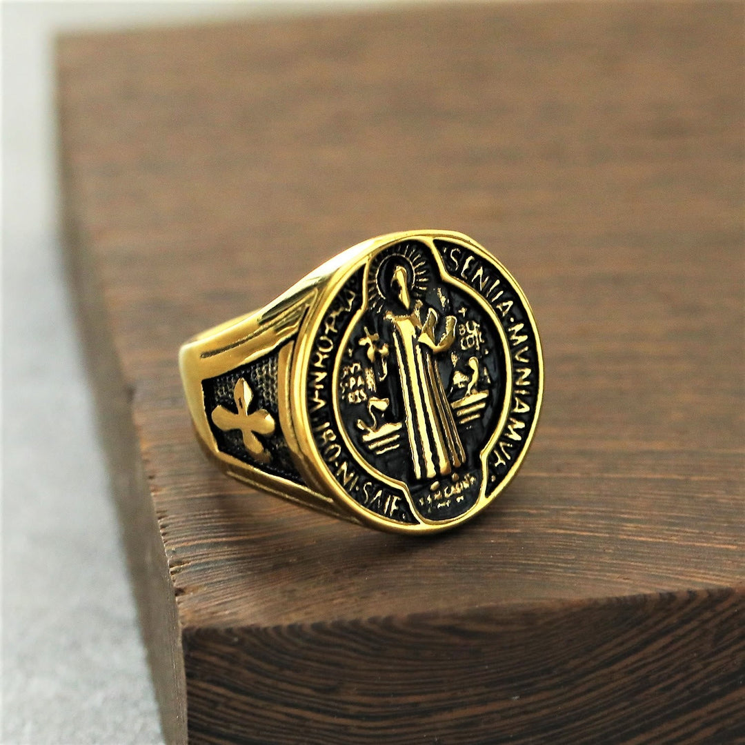Classic Retro St. Benedict Faith Protection Crafted Titanium Steel Ring