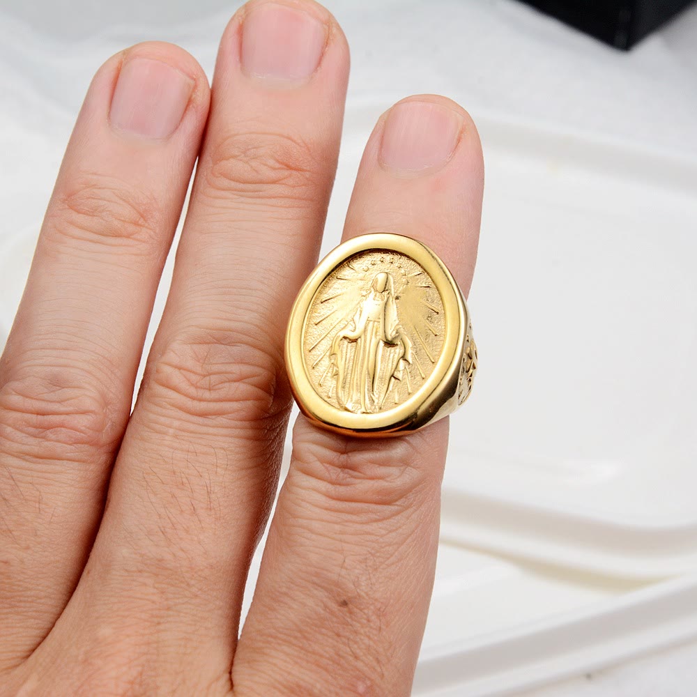 Classic Minimalist Style Virgin Mary Miraculous Medal Faith Connection Ring