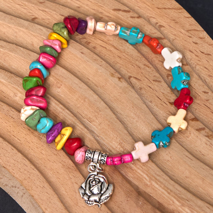 Colorful Bohemia Style Virgin Mary Rose & Cross Turquoise Bracelet