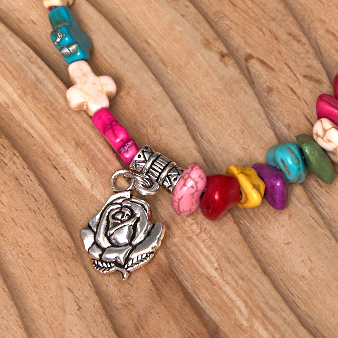 Colorful Bohemia Style Virgin Mary Rose & Cross Turquoise Bracelet