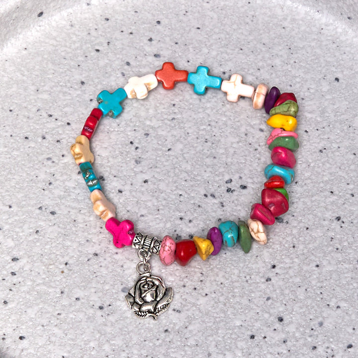 Colorful Bohemia Style Virgin Mary Rose & Cross Turquoise Bracelet