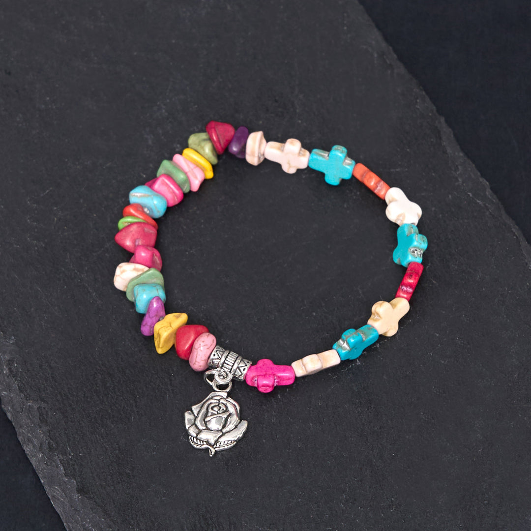 Colorful Bohemia Style Virgin Mary Rose & Cross Turquoise Bracelet