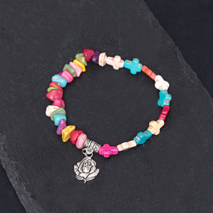 Colorful Bohemia Style Virgin Mary Rose & Cross Turquoise Bracelet