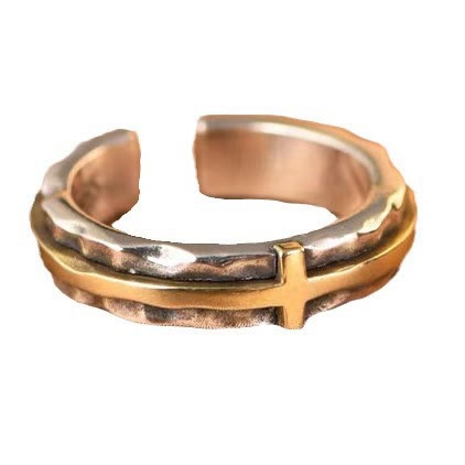 Retro Minimalist Style Two-Tone Cross Blessing Ring