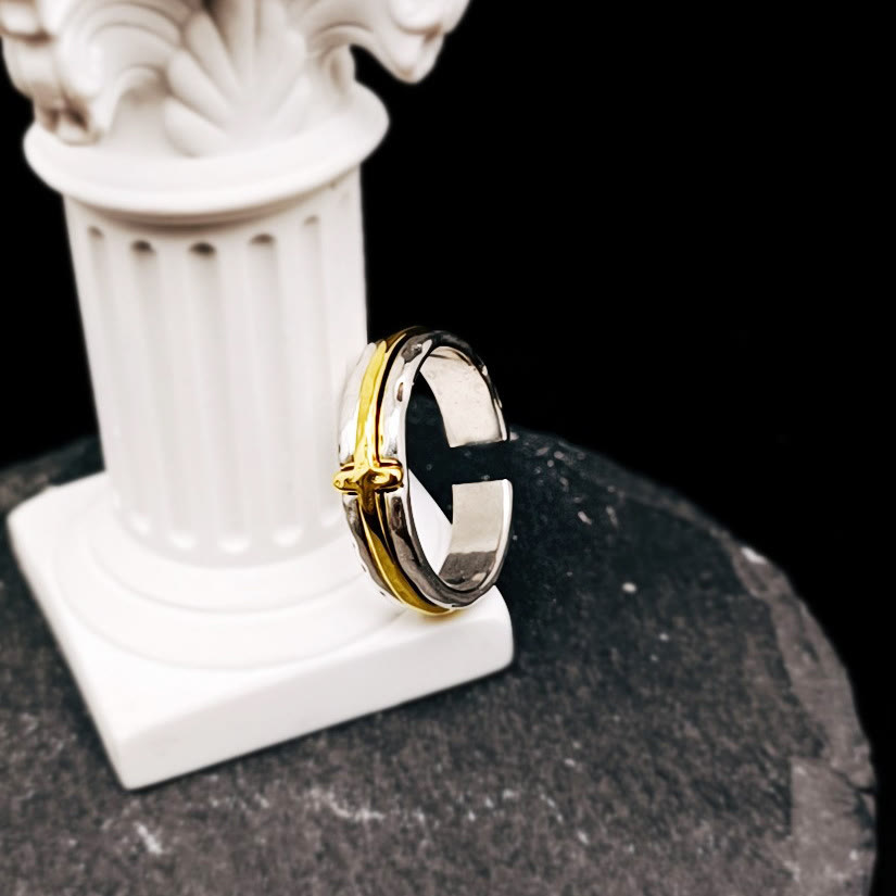 Retro Minimalist Style Two-Tone Cross Blessing Ring