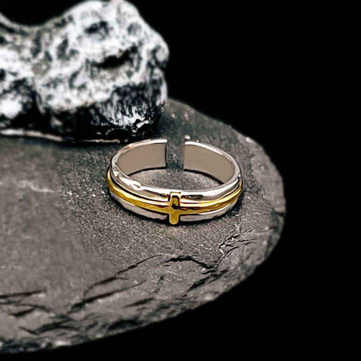 Retro Minimalist Style Two-Tone Cross Blessing Ring
