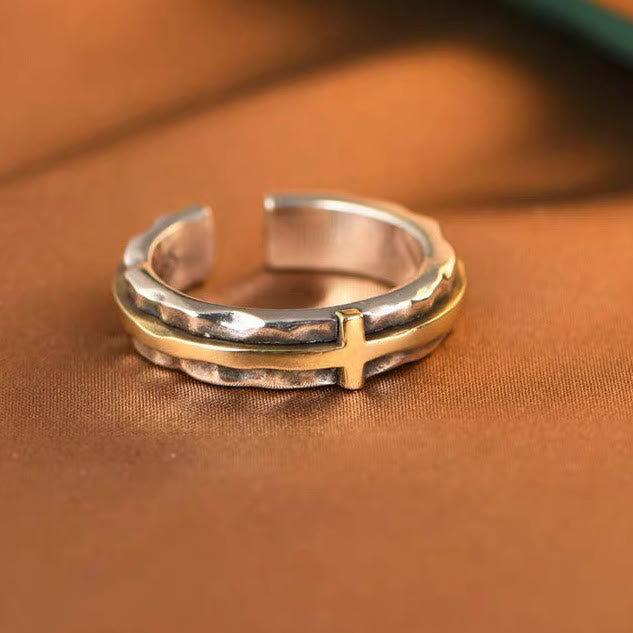 Retro Minimalist Style Two-Tone Cross Blessing Ring