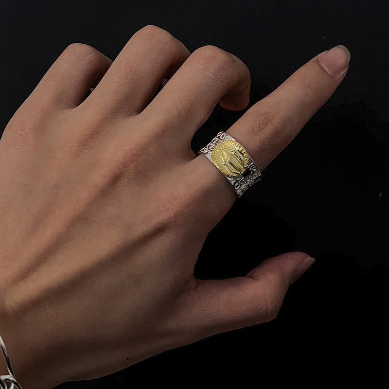 Retro Style Two-tone Gold Miraculous Medal Blessing Mary Alloy Adjustable Ring