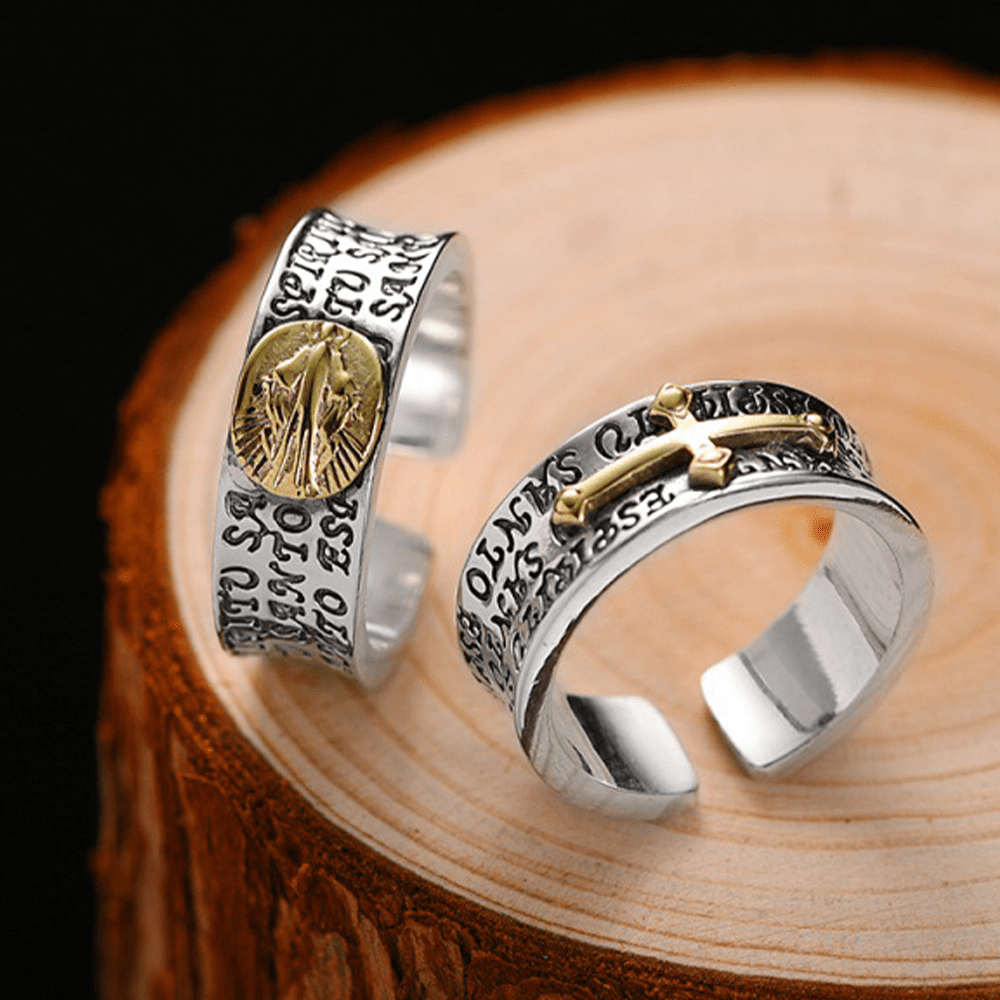 Retro Style Two-tone Gold Miraculous Medal Blessing Mary Alloy Adjustable Ring