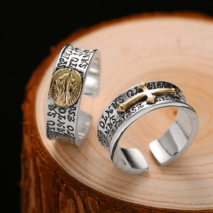 Retro Style Two-tone Gold Miraculous Medal Blessing Mary Alloy Adjustable Ring