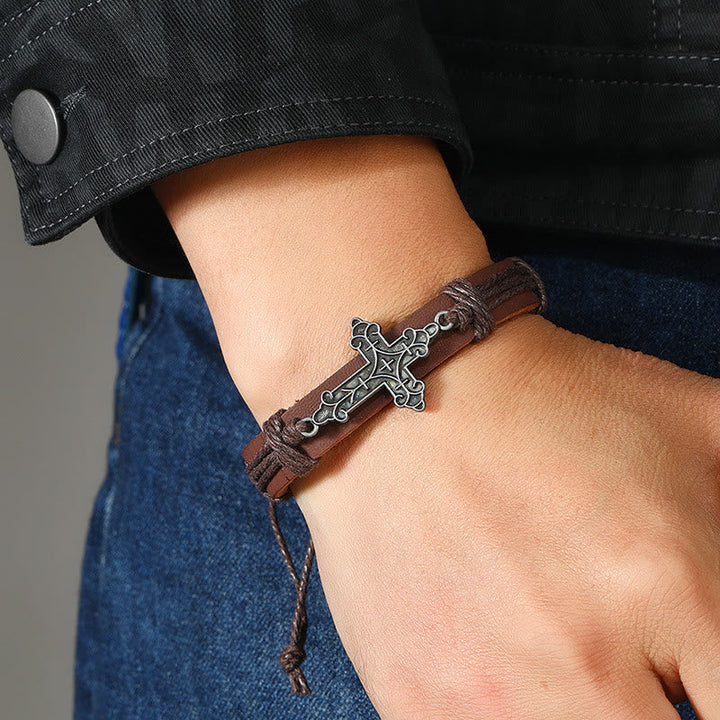 Old Crafted Style Cross Pendant Leather Drawstring Adjustable Faithful Bound Bracelet