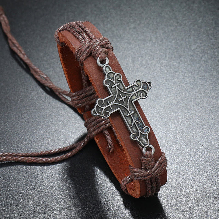 Old Crafted Style Cross Pendant Leather Drawstring Adjustable Faithful Bound Bracelet