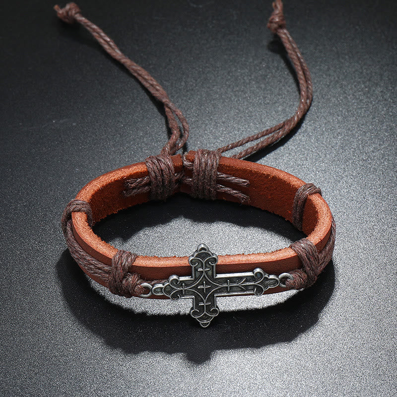 Old Crafted Style Cross Pendant Leather Drawstring Adjustable Faithful Bound Bracelet