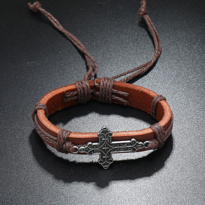 Old Crafted Style Cross Pendant Leather Drawstring Adjustable Faithful Bound Bracelet
