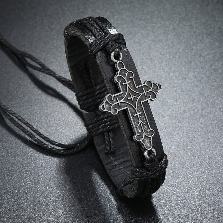 Old Crafted Style Cross Pendant Leather Drawstring Adjustable Faithful Bound Bracelet