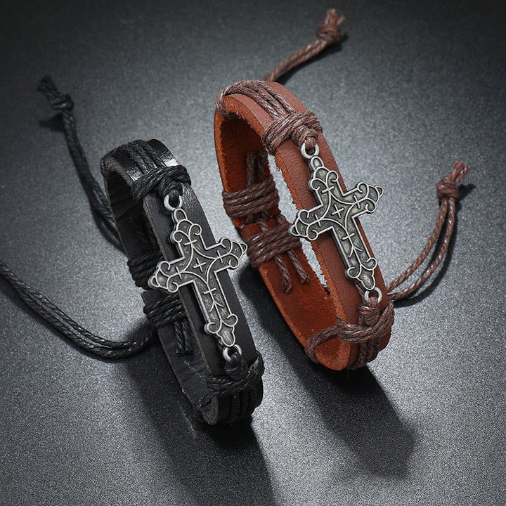 Old Crafted Style Cross Pendant Leather Drawstring Adjustable Faithful Bound Bracelet